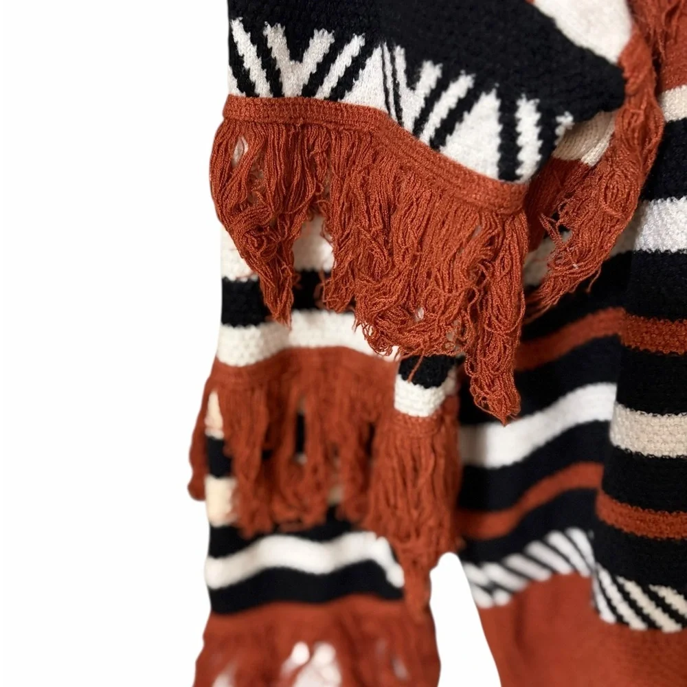 Rust and Black Striped Sweater with Fringe